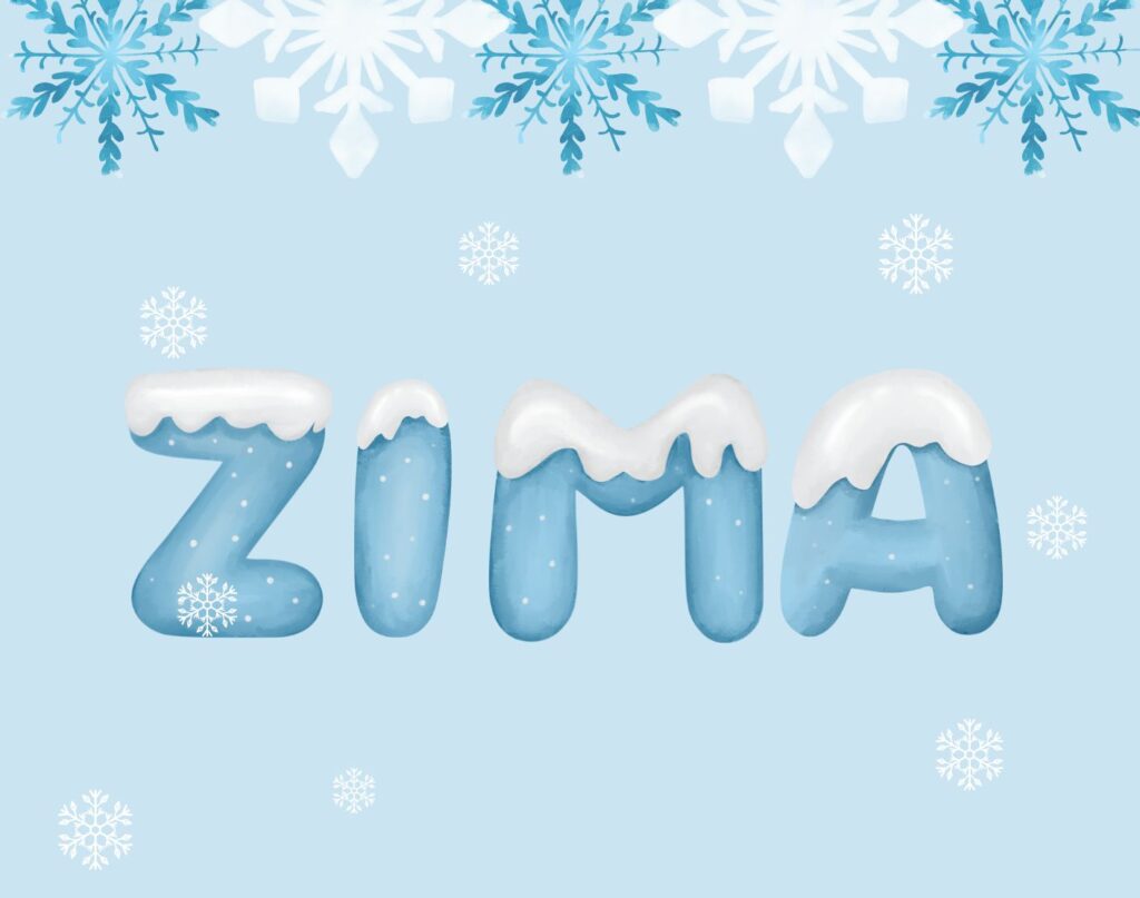 Napis Zima Girlanda w niebieskim akwarelowym stylu